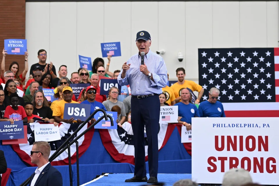 US President Joe Biden addresses union workers at Sheet Metal Workers Local 19 in Philadelphia, Pennsylvania on Sept 4, 2023.