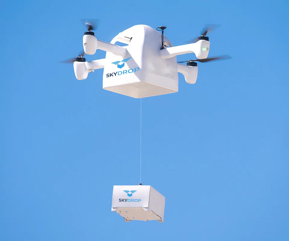 SkyDrop’s drone can deliver packages weighing as much as 3.6 kg up to 5 km. 