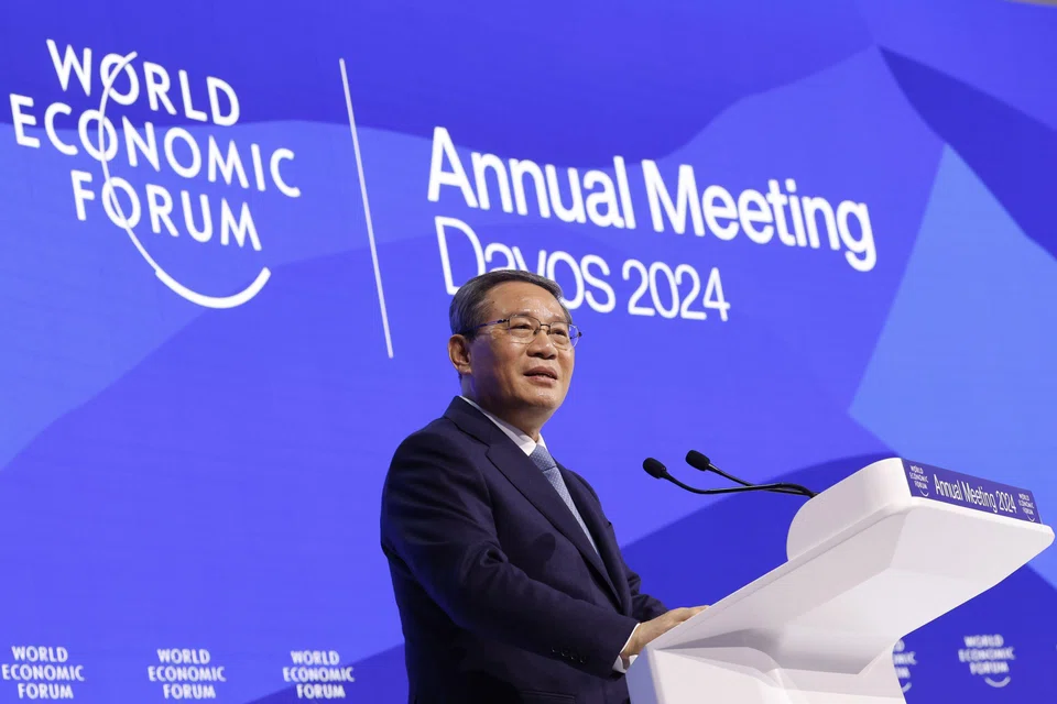 Li Qiang, China's premier, delivers a speech on the opening day of the World Economic Forum in Davos, Switzerland, on Jan 16, 2024. 