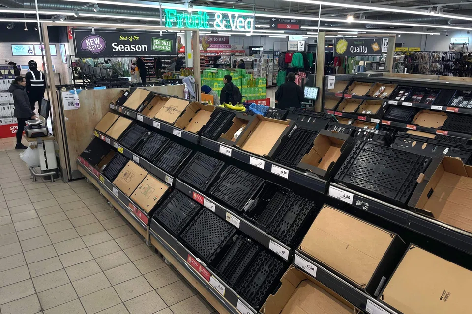 Empty shelves at a Sainsbury supermarket in east London., Feb 24, 2023. Some UK supermarkets have introduced limits on customer purchases of some fruit and vegetables due to "sourcing challenges" blamed on weather conditions in southern Europe and north Africa, the industry said.