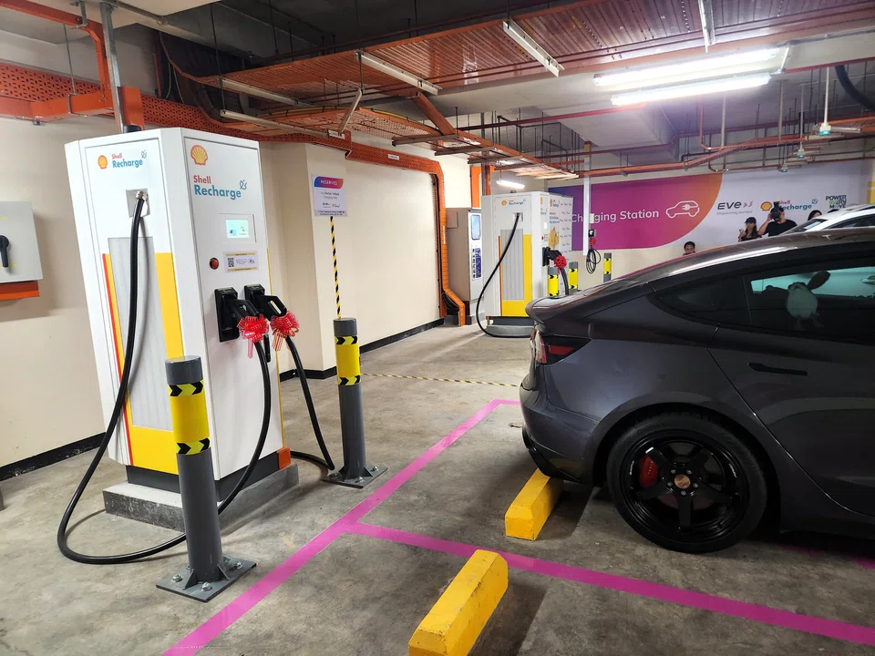 One of the fast charging stations at the HDB Hub in Toa Payoh. The fast chargers there are operated by Shell and there is space for six vehicles.