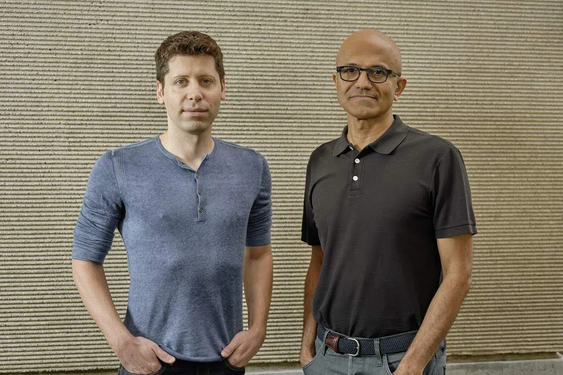 Sam Altman (left), one of the founders of OpenAI, and Satya Nadella, Microsoft’s chief executive, in 2019. Nadella moved fast to hire Altman, who was pushed out of OpenAI on Nov 17 and asserted his company’s role in its partnership with the AI startup.