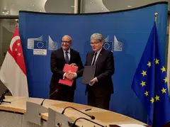 Singapore's Minister-in-charge of Trade Relations S Iswaran and European Commissioner for Internal Market Thierry Breton at the signing of the EU-Singapore Digital Partnership.
