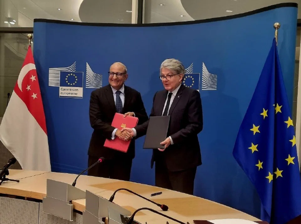 Singapore's Minister-in-charge of Trade Relations S Iswaran and European Commissioner for Internal Market Thierry Breton at the signing of the EU-Singapore Digital Partnership.