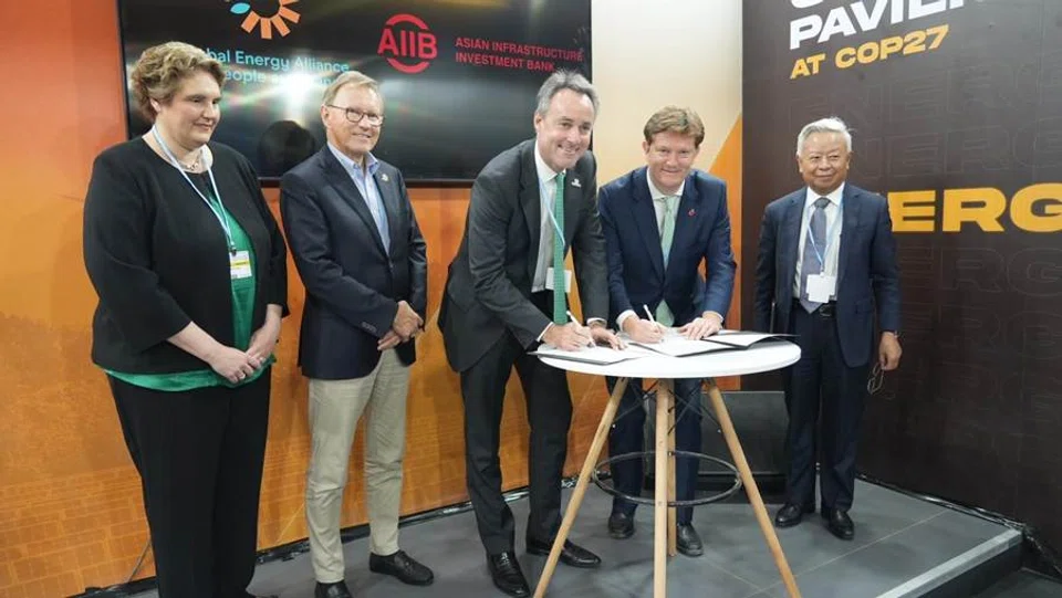 (From left) director of energy innovation at Bezos Earth Fund Nicole Iseppi, CEO of Ikea Foundation Per Heggenes, CEO of GEAPP Simon Harford, vice-president of policy and strategy at AIIB Danny Alexander, and president of AIIB Jin Liqun; the alliance will seek co-financing opportunities for projects and programmes in grid-based renewables, distributed renewables and fossil fuel transition.