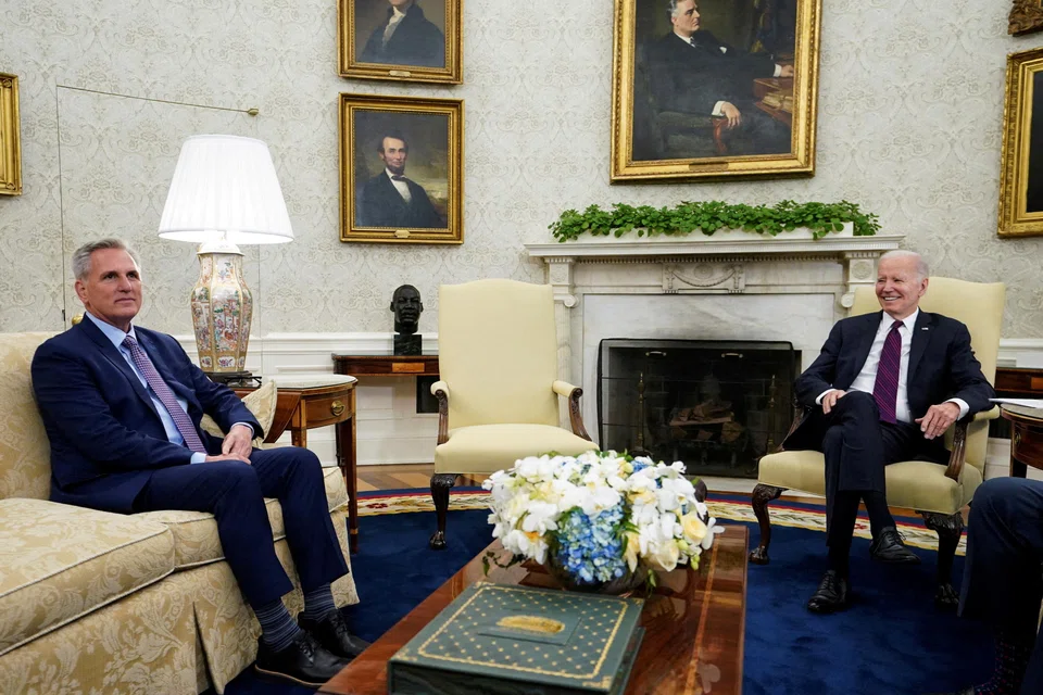 US President Joe Biden hosts debt limit talks with House Speaker Kevin McCarthy and other Congressional leaders in the Oval Office at the White House in Washington, US, on May 9, 2023. A second meeting is scheduled for the afternoon of May 16.  