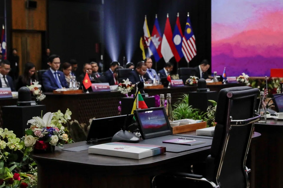 The seat reserved for Myanmar is left empty at the 27th Asean Political-Security Community Council Meeting, held ahead of the Asean Summit in Jakarta.