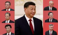 The Politburo Standing Committee, where the Chinese Communist Party's centre of power sits, will be helmed by the seven men above: China president Xi Jinping (centre), (left column, top to bottom), Li Qiang, Zhao Leji, Wang Huning, (right column, top to bottom) Cai Qi, Ding Xuexiang, and Li Xi.  