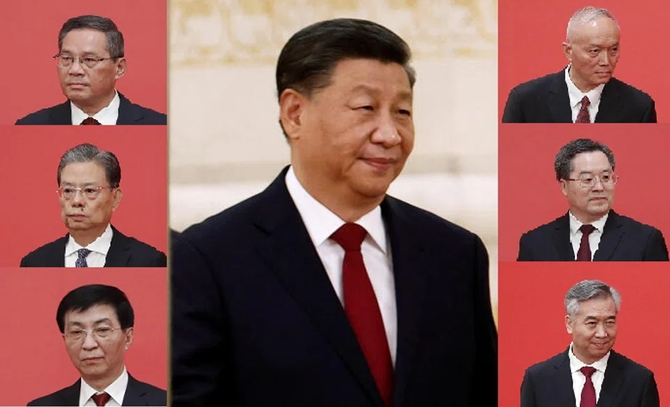 The Politburo Standing Committee, where the Chinese Communist Party's centre of power sits, will be helmed by the seven men above: China president Xi Jinping (centre), (left column, top to bottom), Li Qiang, Zhao Leji, Wang Huning, (right column, top to bottom) Cai Qi, Ding Xuexiang, and Li Xi.  