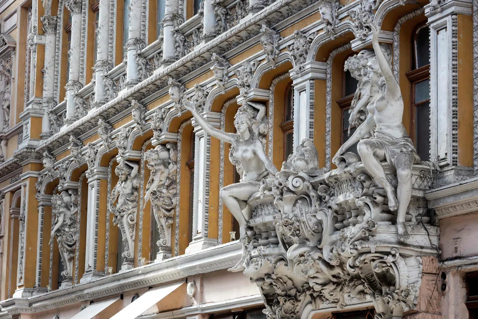 The sculptures of the Odessa Passage, a shopping arcade and a hotel in the centre of the Ukrainian city of Odessa.
