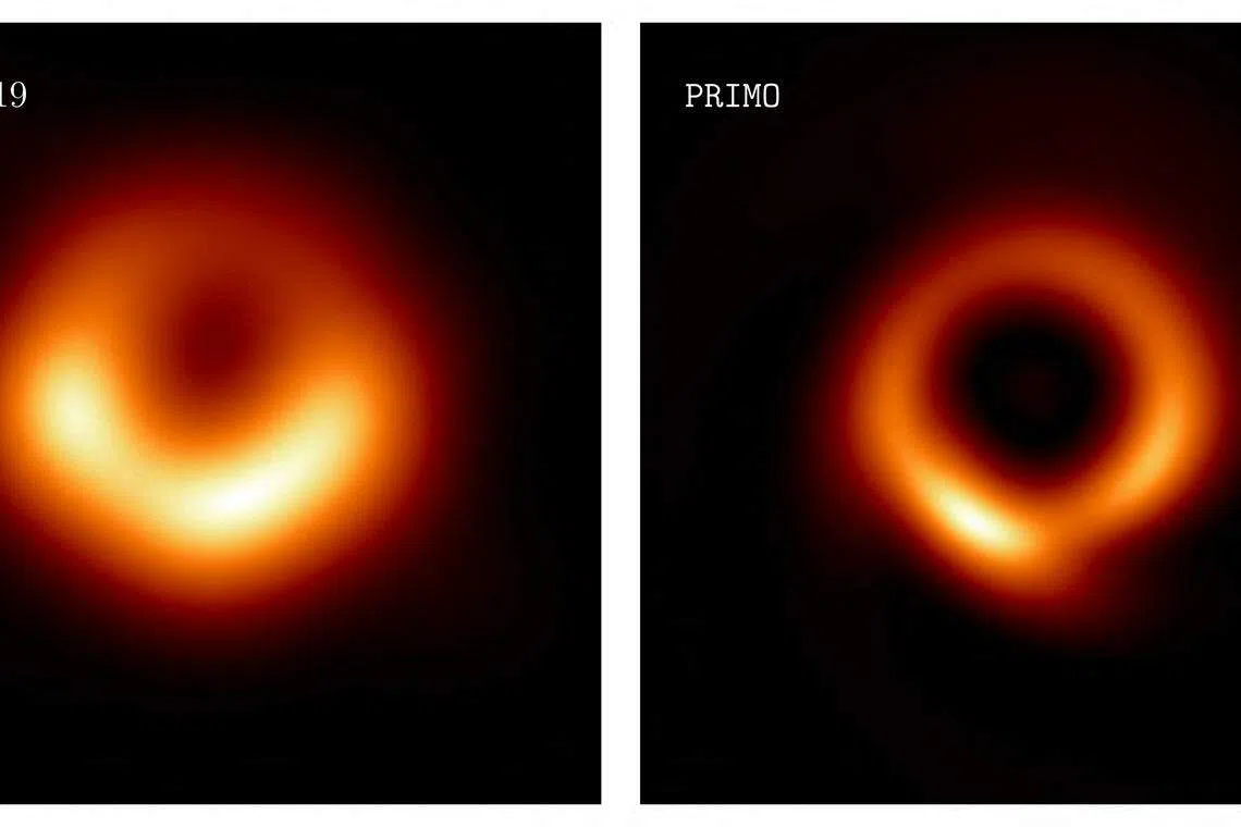The M87 supermassive black hole as it was originally imaged by the EHT in 2019 (L) and the newly generated image using the Primo algorithm technology (R). 