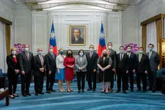 Taiwan's President Tsai Ing-wen (C) posing for a photograph with US congresswoman Stephanie Murphy (6-L) and the US delegation during their meeting at the presidential office in Taipei, Taiwan, 08 September 2022. 