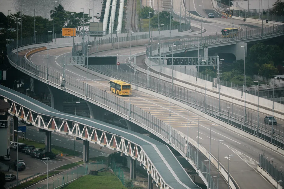 A Singapore-bound bus crossing the Causeway on Apr 3, after the land border with Malaysia fully reopened.