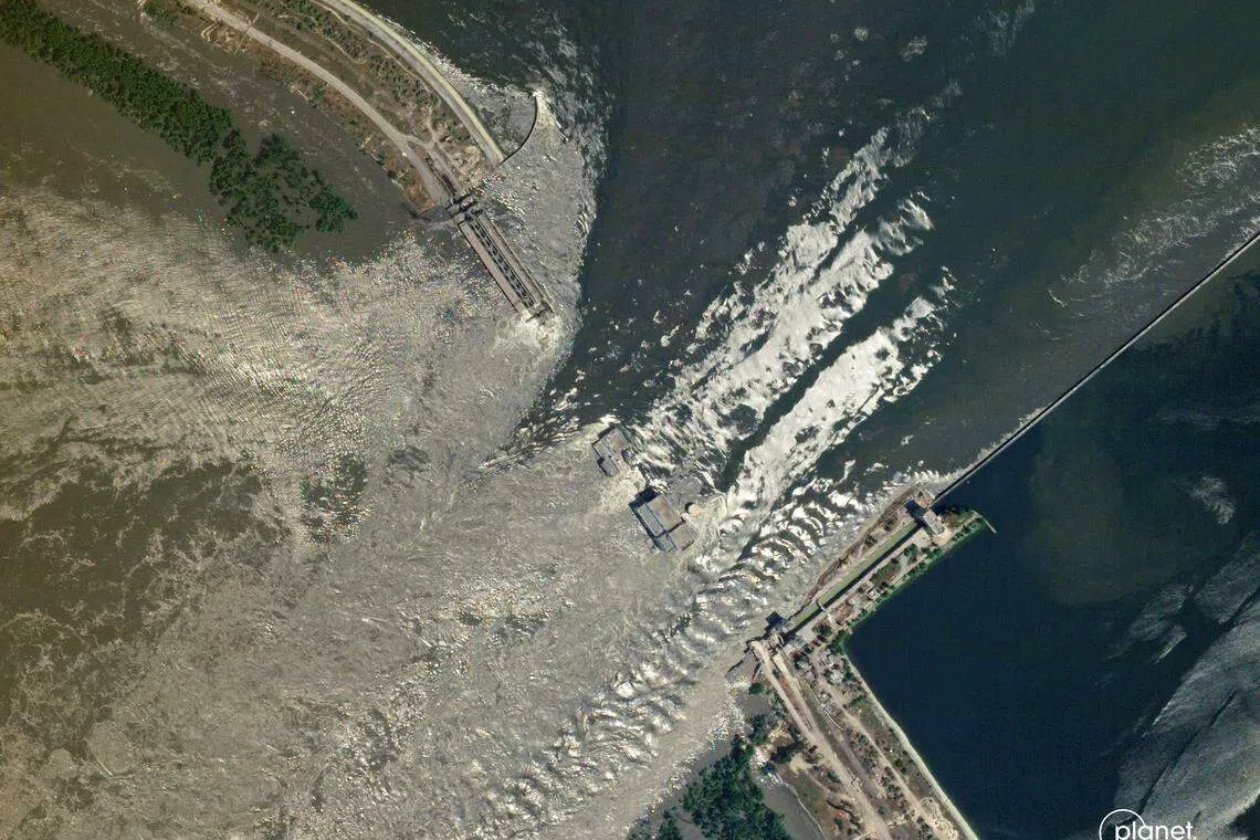 A satellite image shows the damaged Nova Kakhovka dam which the Ukrainians and Russians have accused each other attacking it.