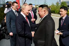 Russia's President Vladimir Putin shakes hands with North Korea's leader Kim Jong Un during a meeting at the Vostochny Сosmodrome in the far eastern Amur region, Russia, Sept 13, 2023.     