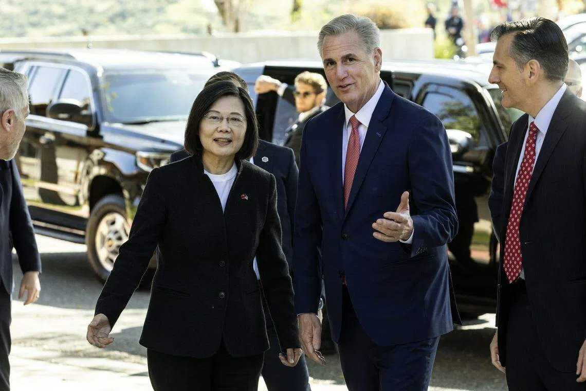 Taiwan leader Tsai Ing-wen held talks with US House Speaker Kevin McCarthy in Los Angeles, expressing gratitude for the meeting that included other US lawmakers. “Their presence and unwavering support reassure the people of Taiwan that we are not isolated, and we are not alone,” Tsai told reporters.