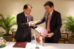 Singapore’s Deputy Prime Minister and Finance Minister Lawrence Wong (right) and Asian Development Bank President Masatsugu Asakawa signed the Memorandum of Understanding on the sidelines of the G20 Finance Ministers and Central Bank Governors Meeting in Bali, Indonesia.