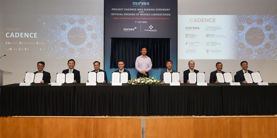 The MOU signing between MiRXES and Project CADENCE was witnessed by Minister for Health Ong Ye Kung (centre). 
Project CADENCE, which stands for Cancer Detected Early can be Cured, uses microRNA and DNA markers.