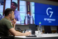 Ukraine's President Volodymyr Zelenskiy attending a working session of G-7 leaders via video link from Kyiv as Russia's attack on Ukraine continues.