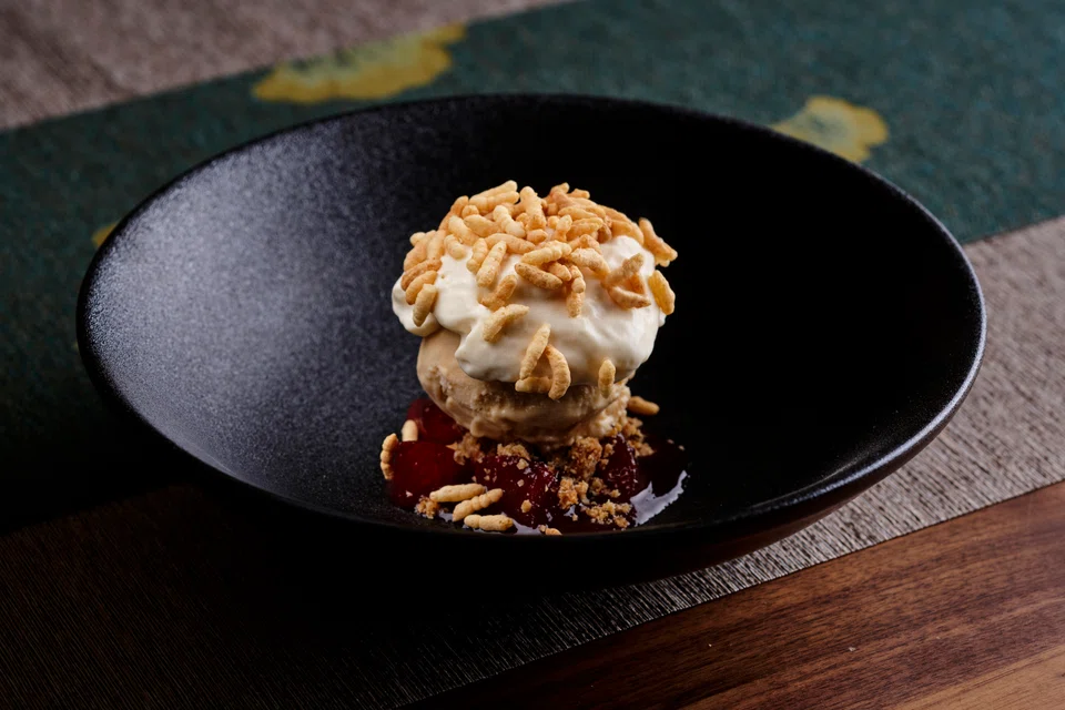 Rice mousse, gelato and puffed rice are drizzled with pipagao or Chinese cough syrup.