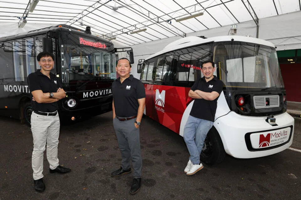 (From left) Derrick Loh, chief operating officer; Dilip Limbu, chief operating officer; and Anthony Wong, chief technology officer of MooVita, with some of their autonomous vehicle solutions.