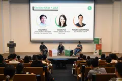From left: Daryl Choo, BT young audience journalist; Emelia Tan, director of research and FinLit at SGX; and Timothy Phillips, trainer at SGX Academy at a panel.