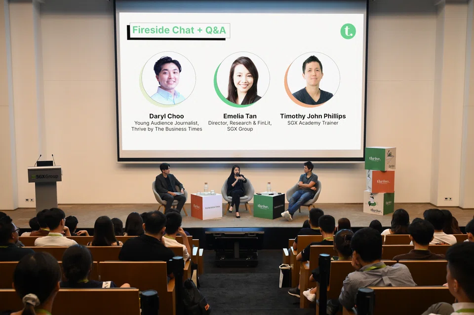 From left: Daryl Choo, BT young audience journalist; Emelia Tan, director of research and FinLit at SGX; and Timothy Phillips, trainer at SGX Academy at a panel.