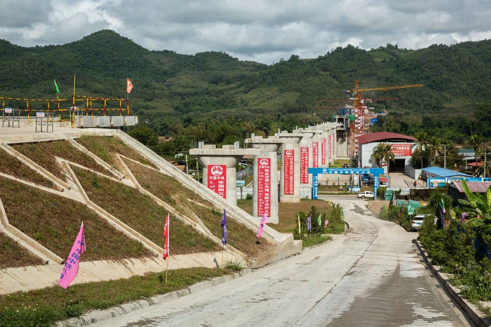 Construction of the Luang Prabang Railway Bridge near Luang Prabang in Laos in 2018. This project is part of the Belt and Road Initiative.  