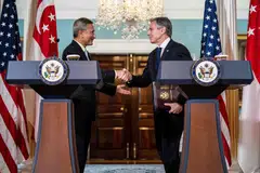 Singapore's Minister for Foreign Affairs Vivian Balakrishnan (left), after a bilateral meeting hosted by US Secretary of State Antony Blinken, says the US-Singapore Climate Partnership signed in 2021 will see intensified efforts in regional energy transitions, low and zero-emission technologies and solutions, nature-based solutions and carbon markets, and urban decarbonisation and resilience. 