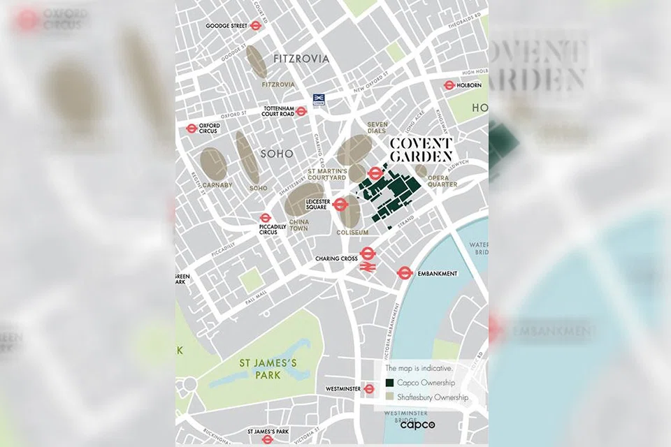 A map shows the central London properties owned by Capco and Shaftesbury property developers in this handout image obtained by Reuters on May 9, 2022.  