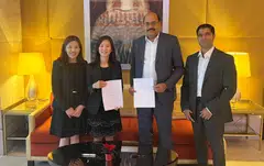From left: Janice Bong, managing director for power and renewables, Keppel’s infrastructure division; Cindy Lim, chief executive of Keppel’s infrastructure division; Mahesh Kolli, president of AM Green; and Prasad Joshi, head of business development at AM Green. Both Keppel and AM Green sign a memorandum of understanding to evaluate and co-develop these projects at the COP28 climate conference in Dubai.