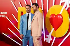 Canadian-American actor Luke Macfarlane (left) and US comedian Billy Eichner at the premiere of the movie Bros in Los Angeles late last month. The R-rated Bros was heavily promoted as historic – a first for mass-market, studio-driven cinema because it focuses on homosexuality.