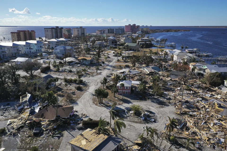 An aerial view of the destruction left by Hurricane Ian in Fort Myers Beach, Florida, on Sunday (Oct 2). Fort Myers Beach sustained severe damage by the Category 4 hurricane.
