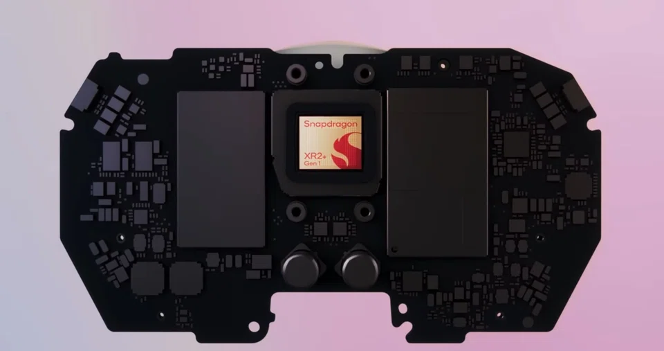 A Snapdragon XR2+ Gen 1 chip in a Meta Quest Pro headset. 