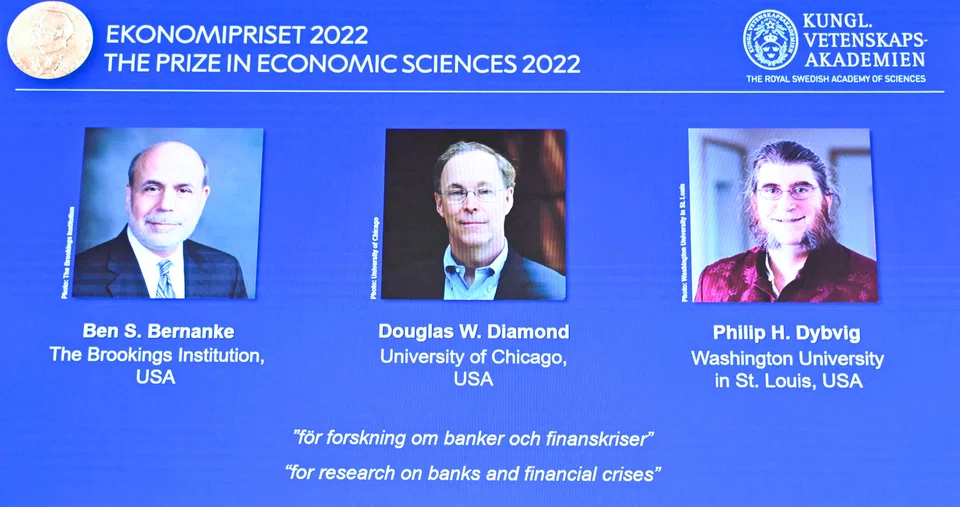 From left: The 2022 Nobel Economics Prize laureates Ben Bernanke, Douglas Diamond and Philip Dybvig on a display at a press conference to unveil the as winners at the Royal Swedish Academy of Sciences in Stockholm on Monday (Oct 10).