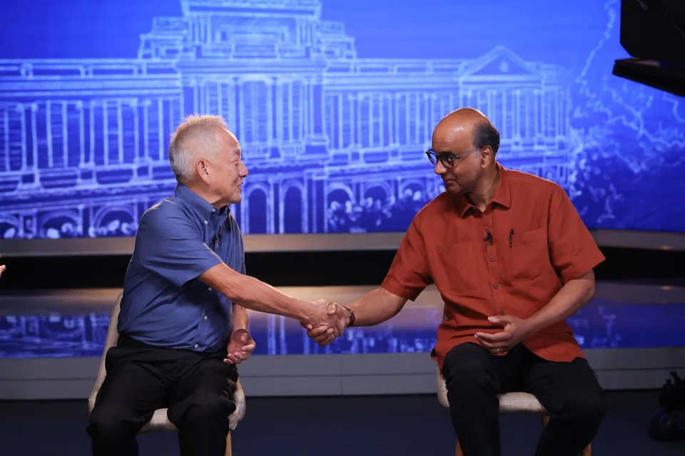 Against a hand-drawn backdrop of the Istana, presidential candidates Ng Kok Song (left) and Tharman Shanmugaratnam also gave their take on topics ranging from corruption to their leadership style.