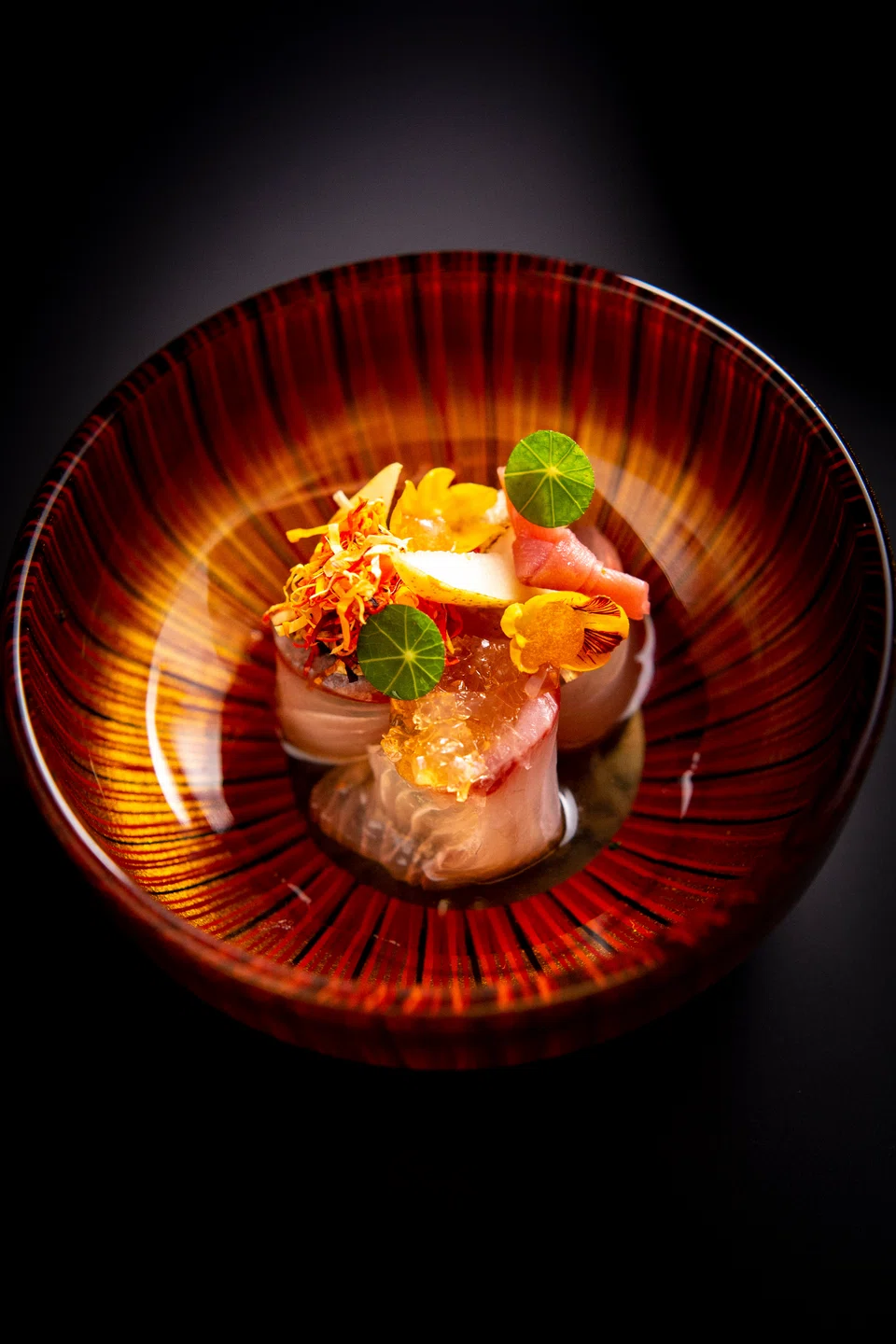 Single Thread's Akabana Kanpachi with Nasturtium, Farm Pears and Chardonnay Barrel-Aged Ponzu
