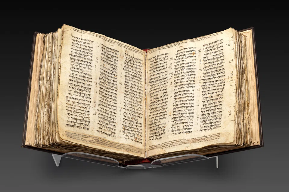 The Codex contains all 24 books of the Hebrew Bible; it’s missing some pages from Genesis. 