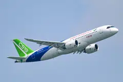 A China Comac C919 aircraft during a preview of the Singapore Airshow in Singapore, Feb 18, 2024. Beijing wants to challenge the decades-long dominance of top plane-makers Airbus and Boeing while reducing its reliance on foreign technology. 
