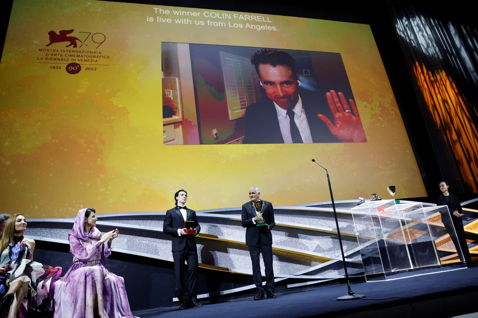 Colin Farrell receiving via zoom the Coppa Volpi Award for Best Actor for his turn as a sweet-natured animal lover in the pitch-black comedy-drama "The Banshees of Inisherin".