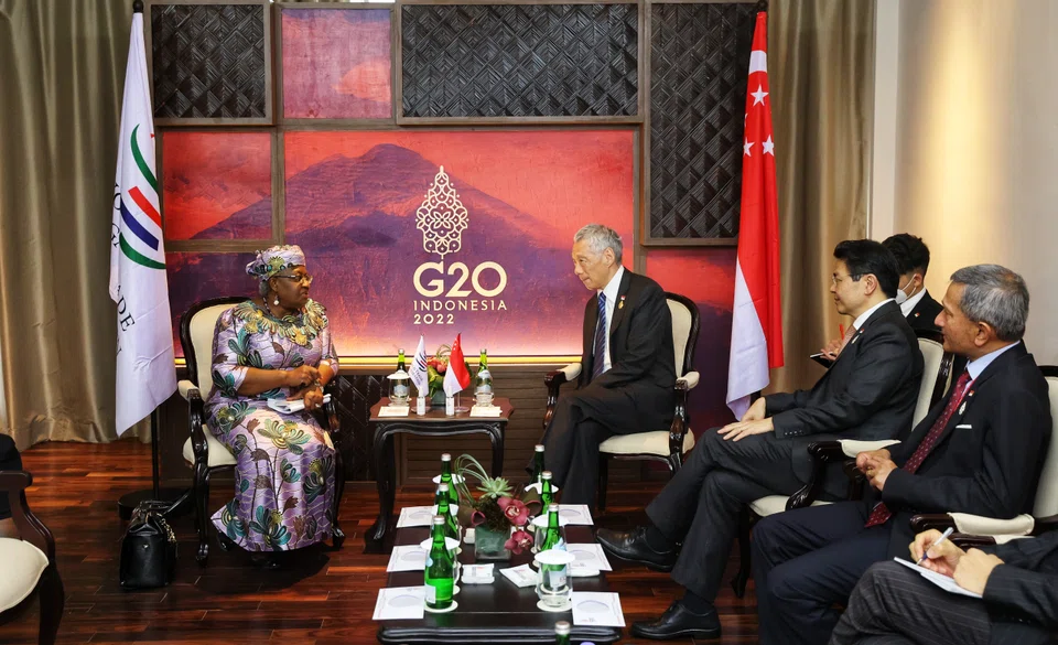 Prime Minister Lee Hsien Loong had a meeting with World Trade Organization director-general Ngozi Okonjo-Iweala on the sidelines of the G20 Summit in Bali on Nov 15, 2022.