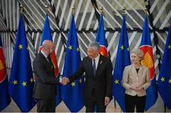 Prime Minister Lee Hsien Loong greets President of the European Council Charles Michel (left) and President of the European Commission Ursula von der Leyen.