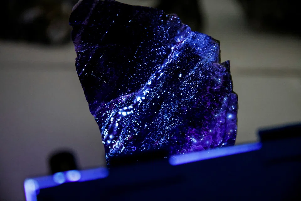 Tungsten is illuminated with mineral light at an Almonty office near a mine in Gangwon Province, South Korea, March 31, 2022. 
