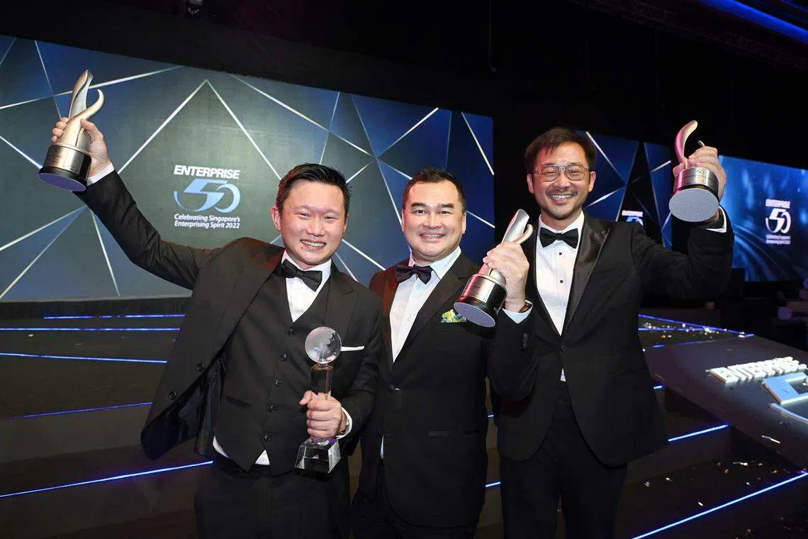From left: Frank Chen, founder and managing director of BR Metals; Victor Yeap, managing director of Yeap Medical Supplies; and Li Xiaowen, deputy managing director of Apro Asian Protection, at the Enterprise 50 Awards on Wednesday.
