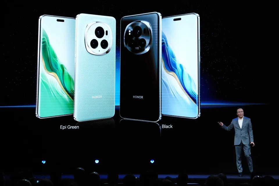 Honor CEO George Zhao presents the new Honor Magic 6 Pro smartphones on the eve of the Mobile World Congress, the telecom industry's biggest annual gathering, in Barcelona. Spain, Feb 25, 2024. 