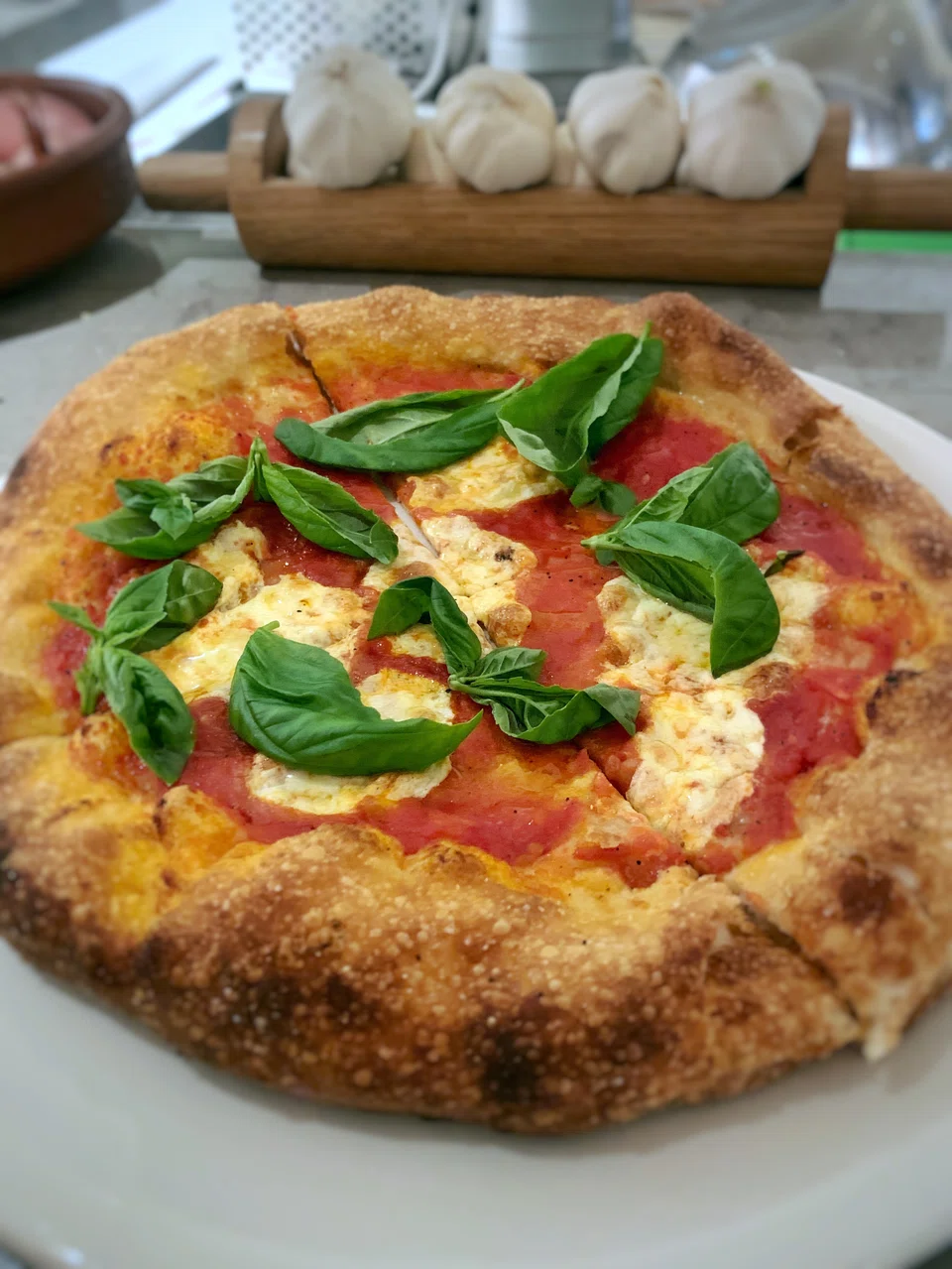 The Margherita pizza has a light crisp base topped with mozzarella and tomato sauce.