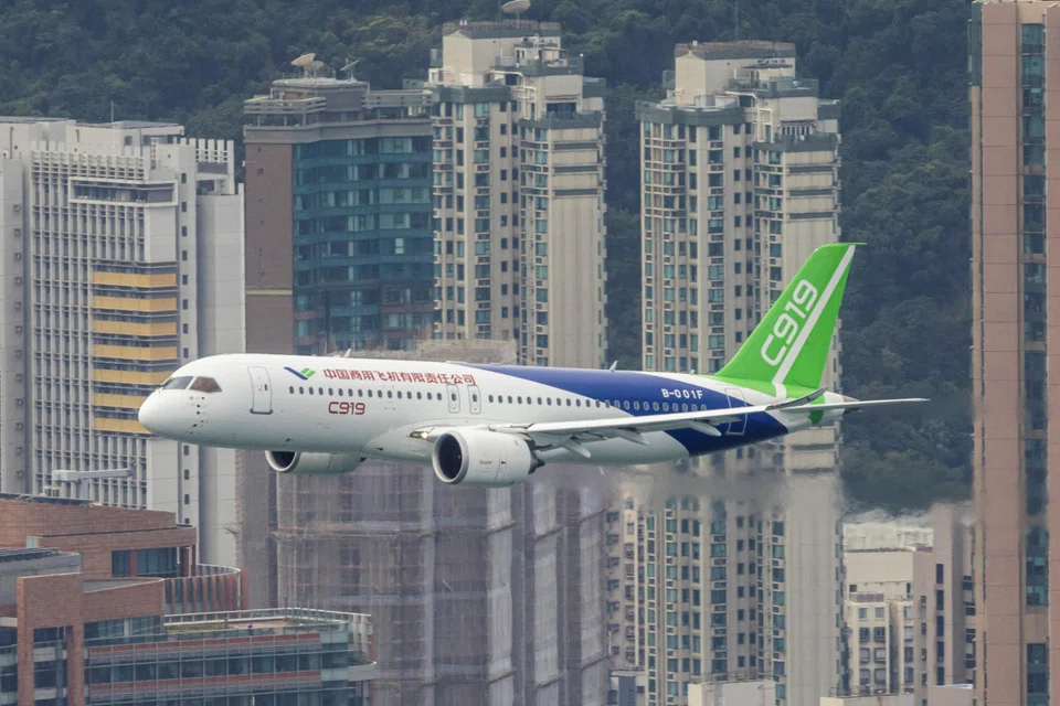 Planemaker Comac flew its C919 jet around the harbour in two loops, going as low as 213 metres, according to FlightRadar24’s live data.
