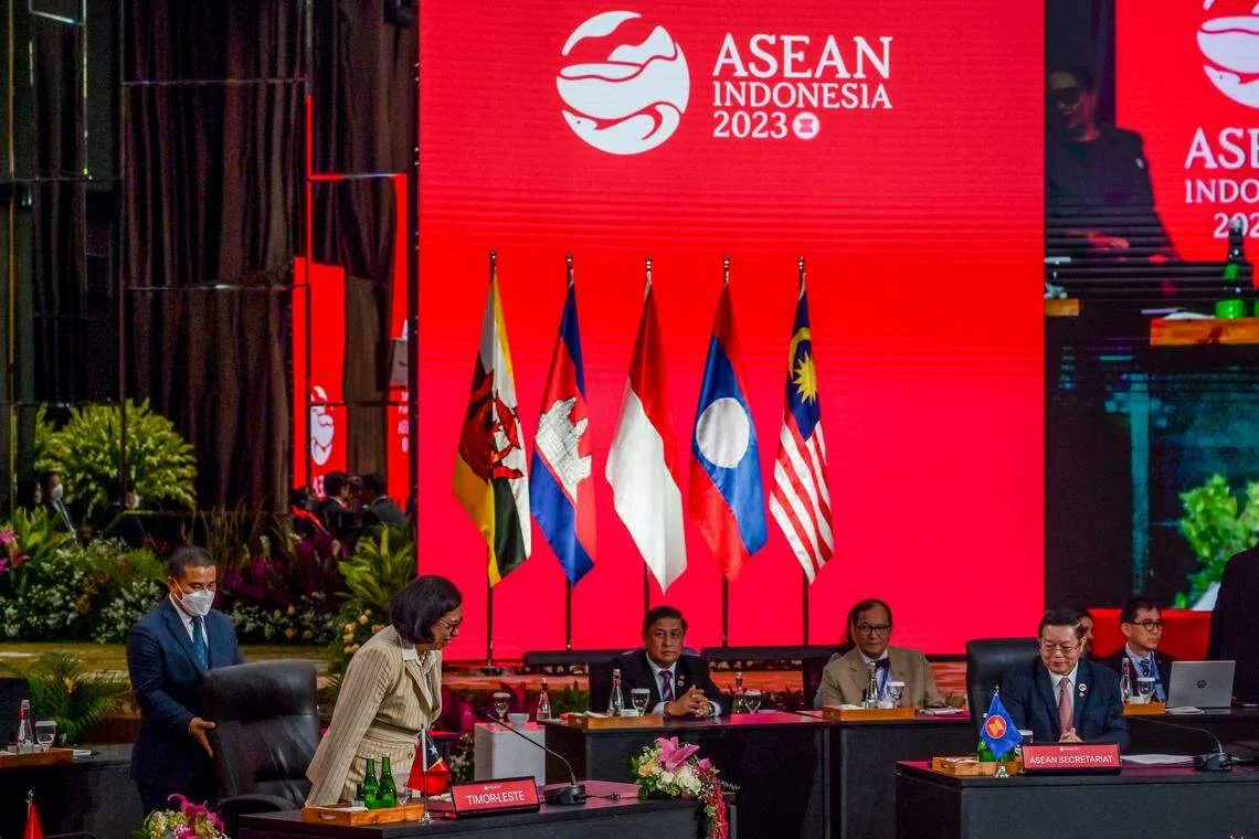 East Timor's Foreign Minister Adaljiza Magno (second from left) taking her seat after being invited to attend the 32nd Asean Coordinating Council meeting in Jakarta on Feb 3, 2023.  The country makes its debut as an observer at the Asean Coordinating Council meeting this year, after having received in-principle approval to join Asean last November. 