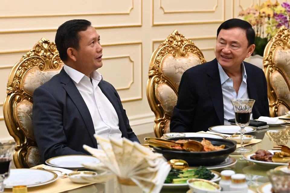 Thaksin (right) with Hun Manet (left) during an event for Hun Sen’s birthday in Phnom Penh on Saturday.