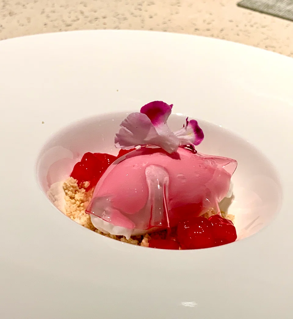 Coconut ice cream, rose jelly and Thai red ruby.